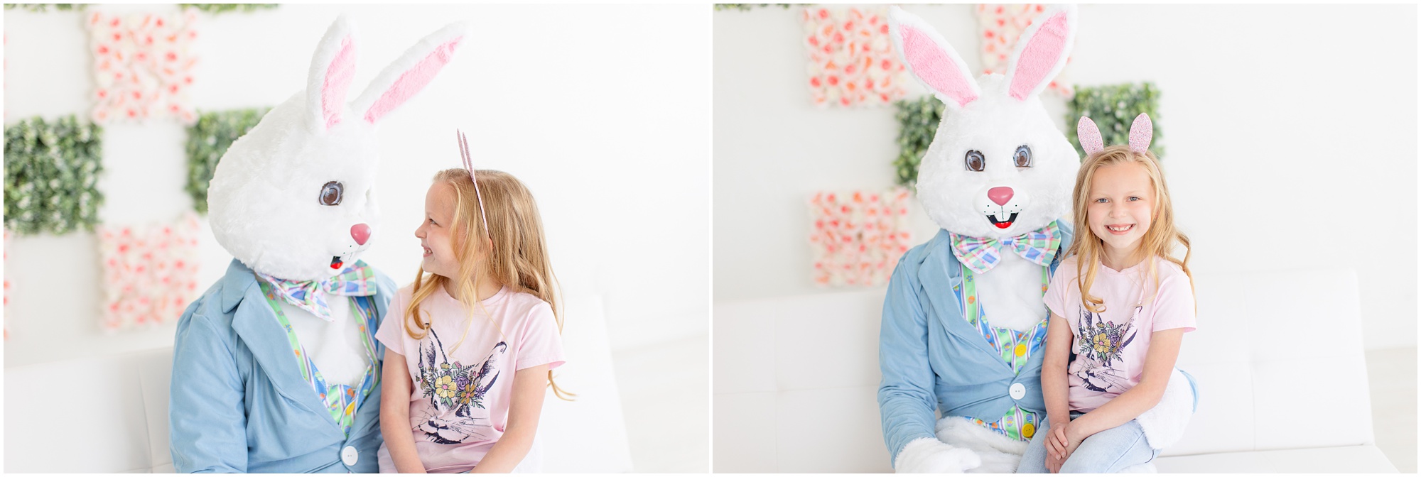 Little girl sits and chats with the Easter Bunny. Photo by Tiffany Hix Photography.