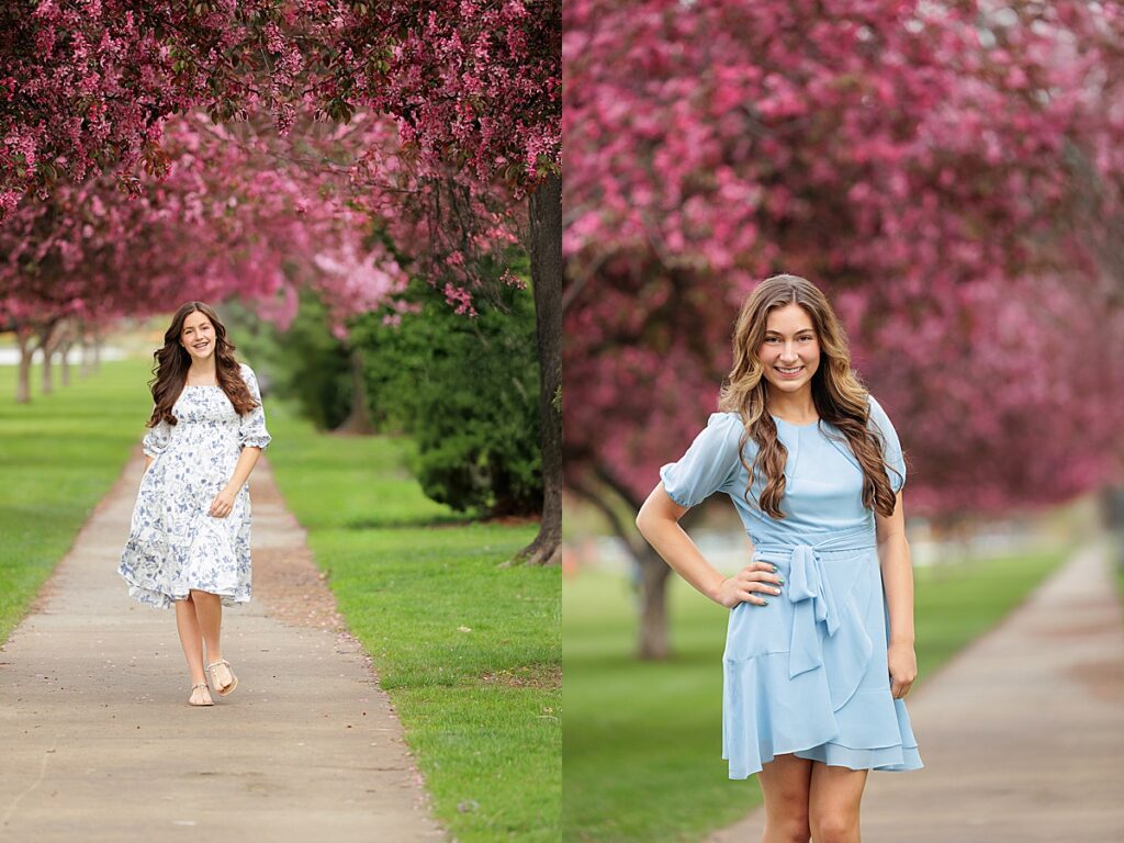Girl standing on tree lined path at Ann Morrison Park in Boise.