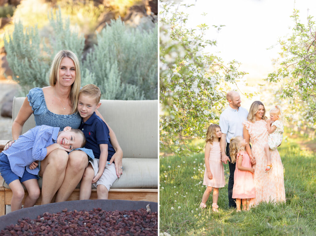 Two photos. The first is a mom and her two sons sitting on an outdoor couch in their Boise foothills home. The second is a family of 5 standing in an orchard in bloom.