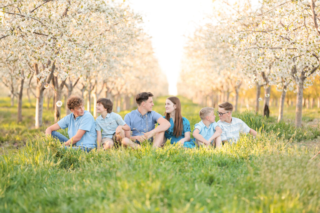 6 siblings sitting the grass in an orchard during spring family photos in Boise.